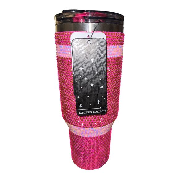 "Hot PINK" Football BLING RHINESTONE tumbler cup lid & handle 40 ounce oz - Picture 5 of 8